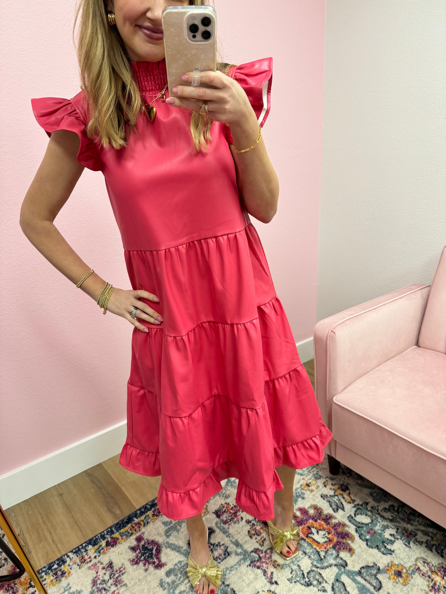 Coral Faux Leather Tiered Middy Dress FS