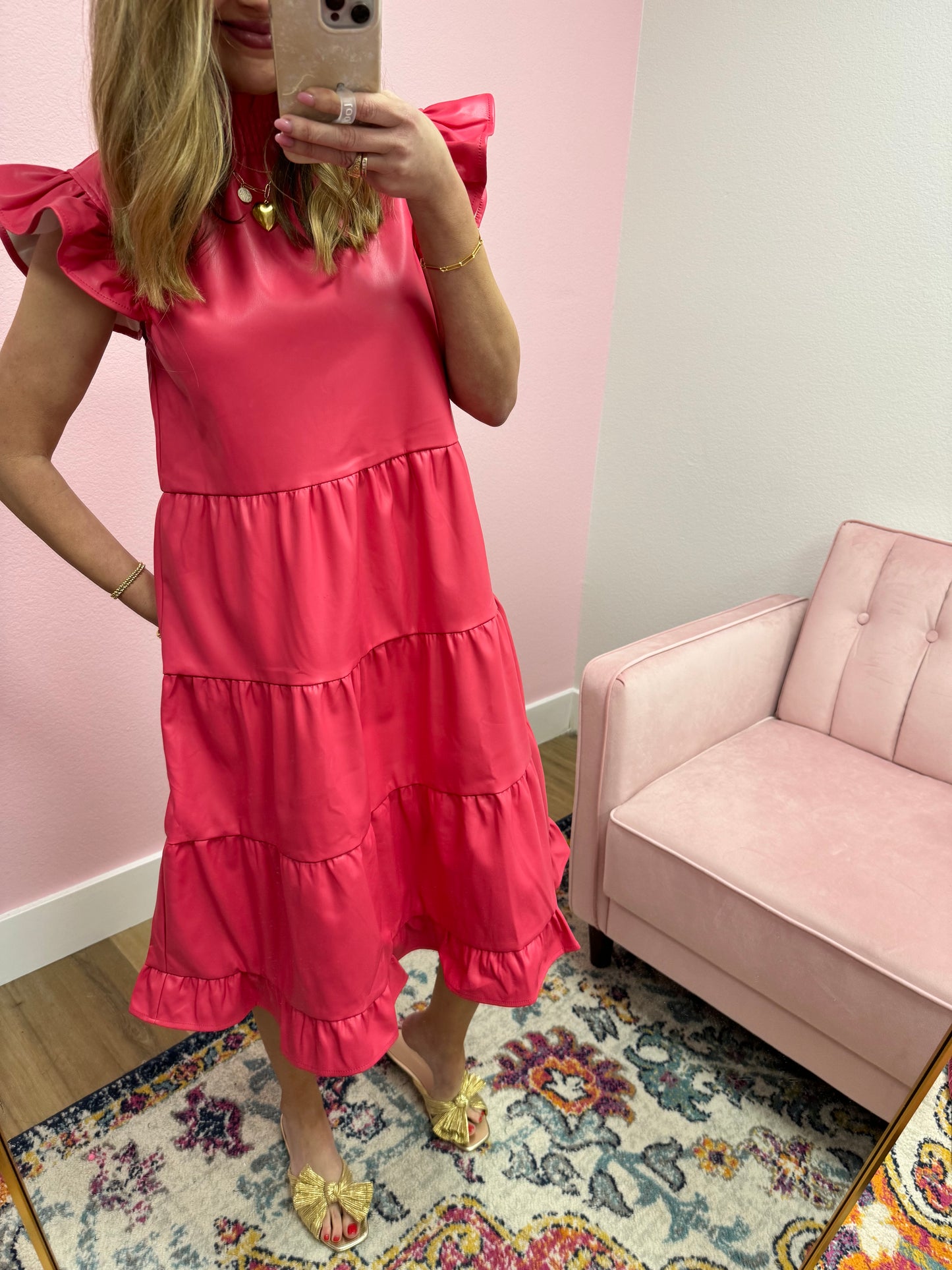 Coral Faux Leather Tiered Middy Dress FS