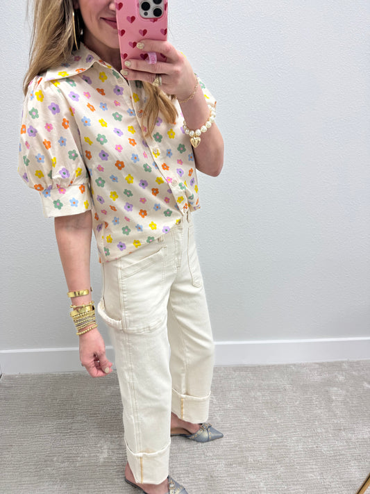 Cream and Multi Floral Button Up Short Sleeve Top