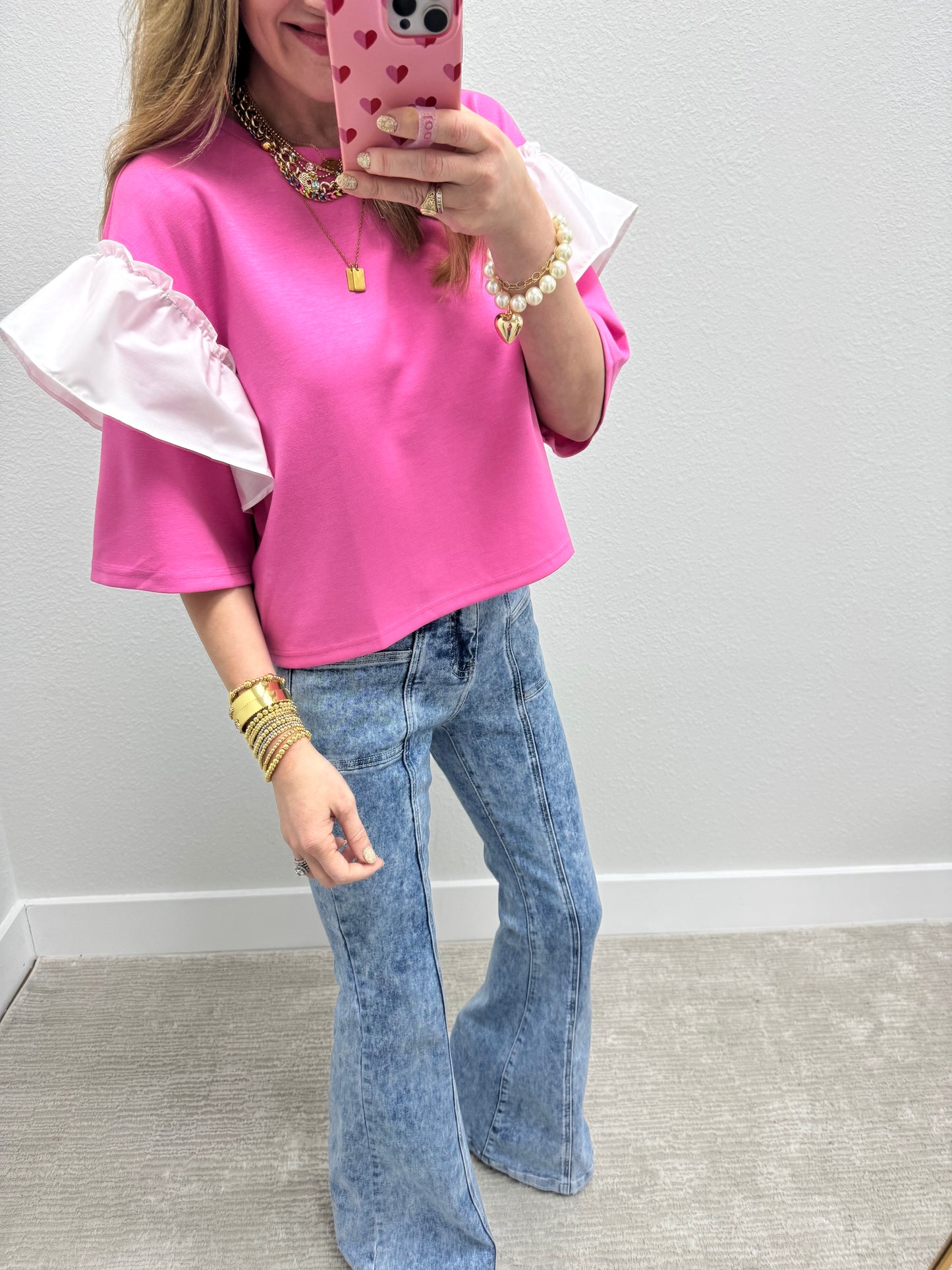 Pink Scuba Top With White Ruffle Arms