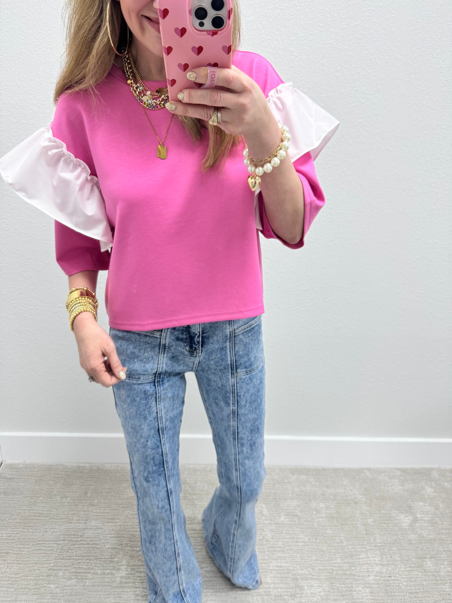 Pink Scuba Top With White Ruffle Arms