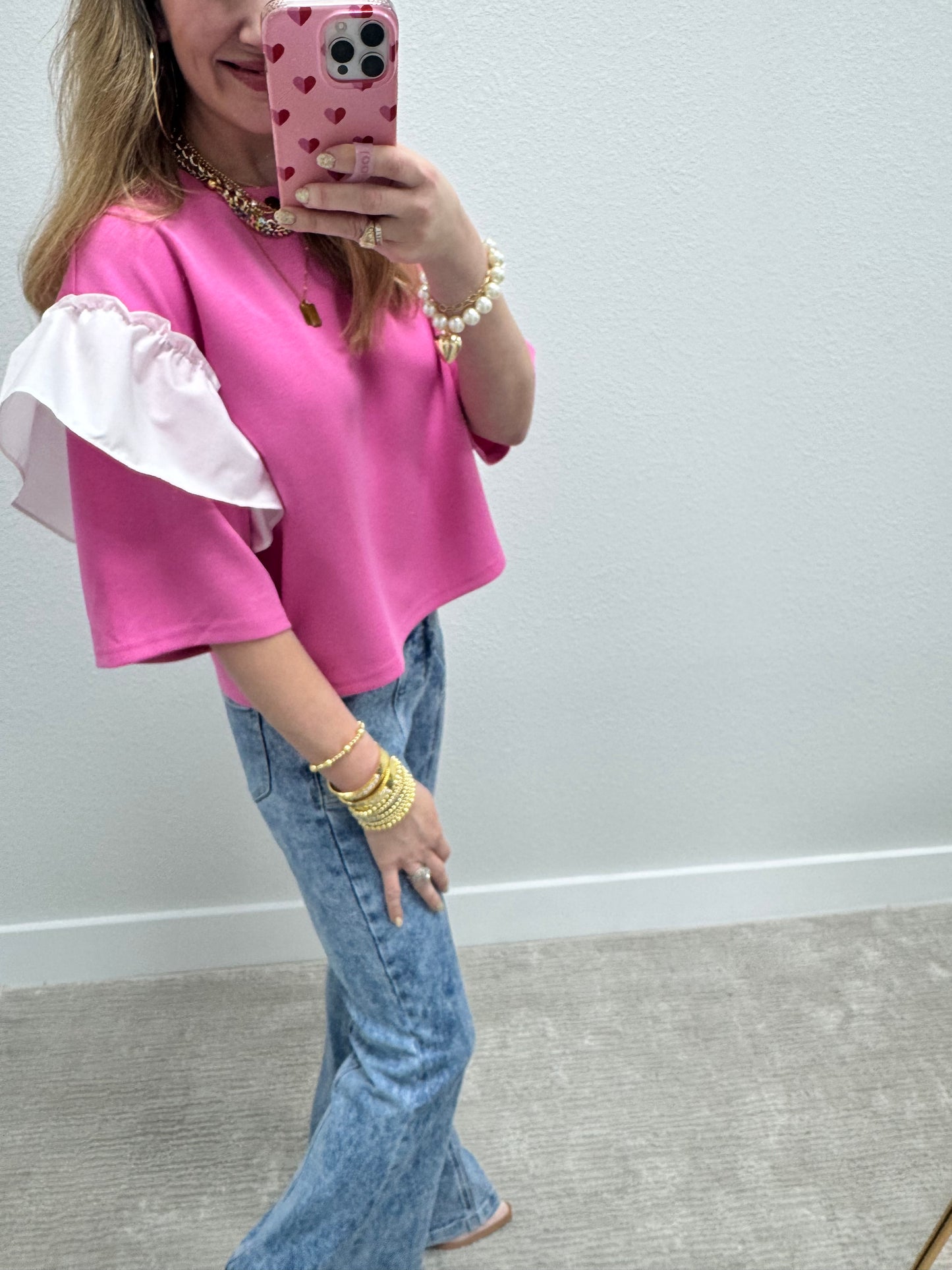 Pink Scuba Top With White Ruffle Arms