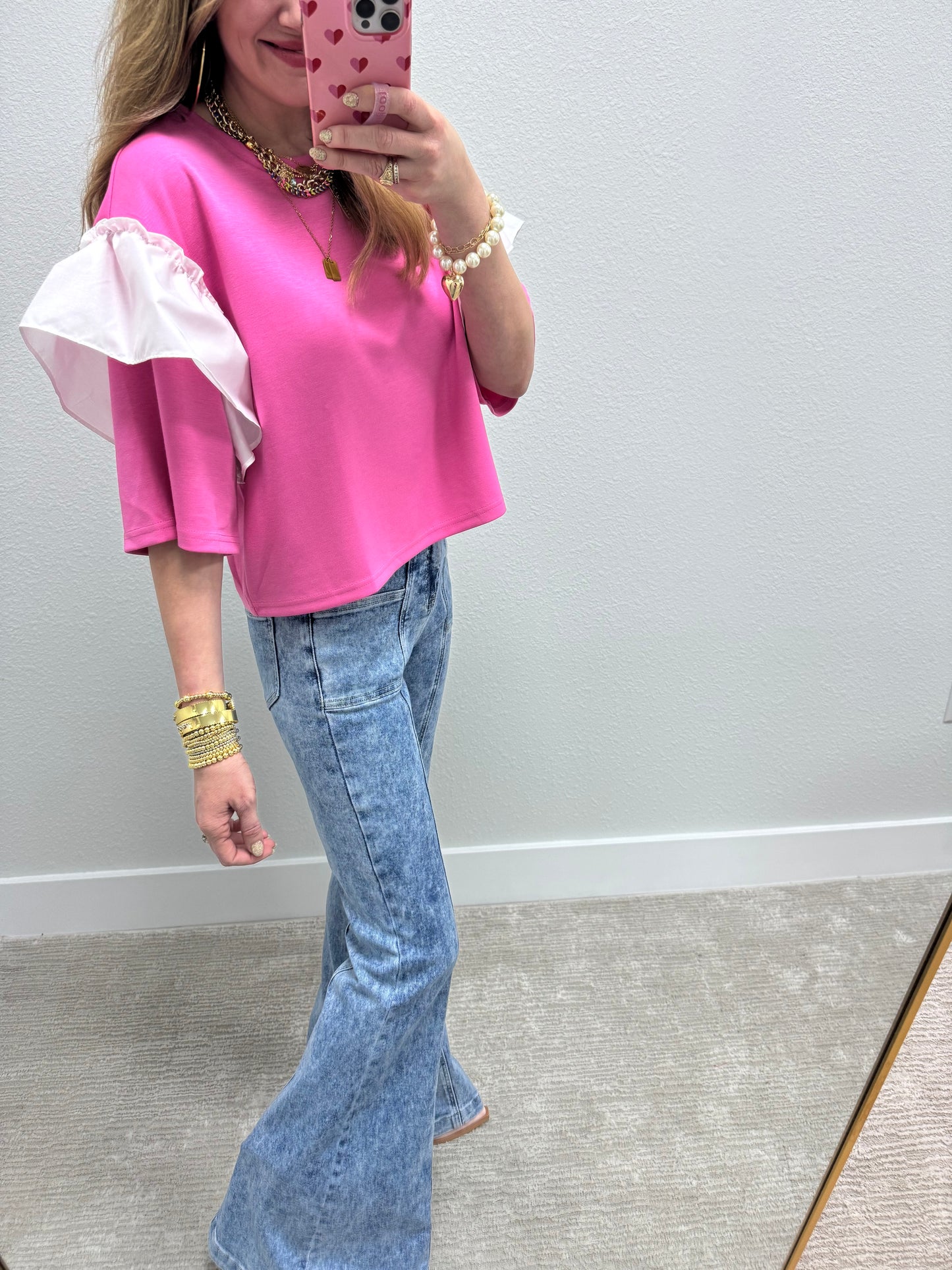 Pink Scuba Top With White Ruffle Arms