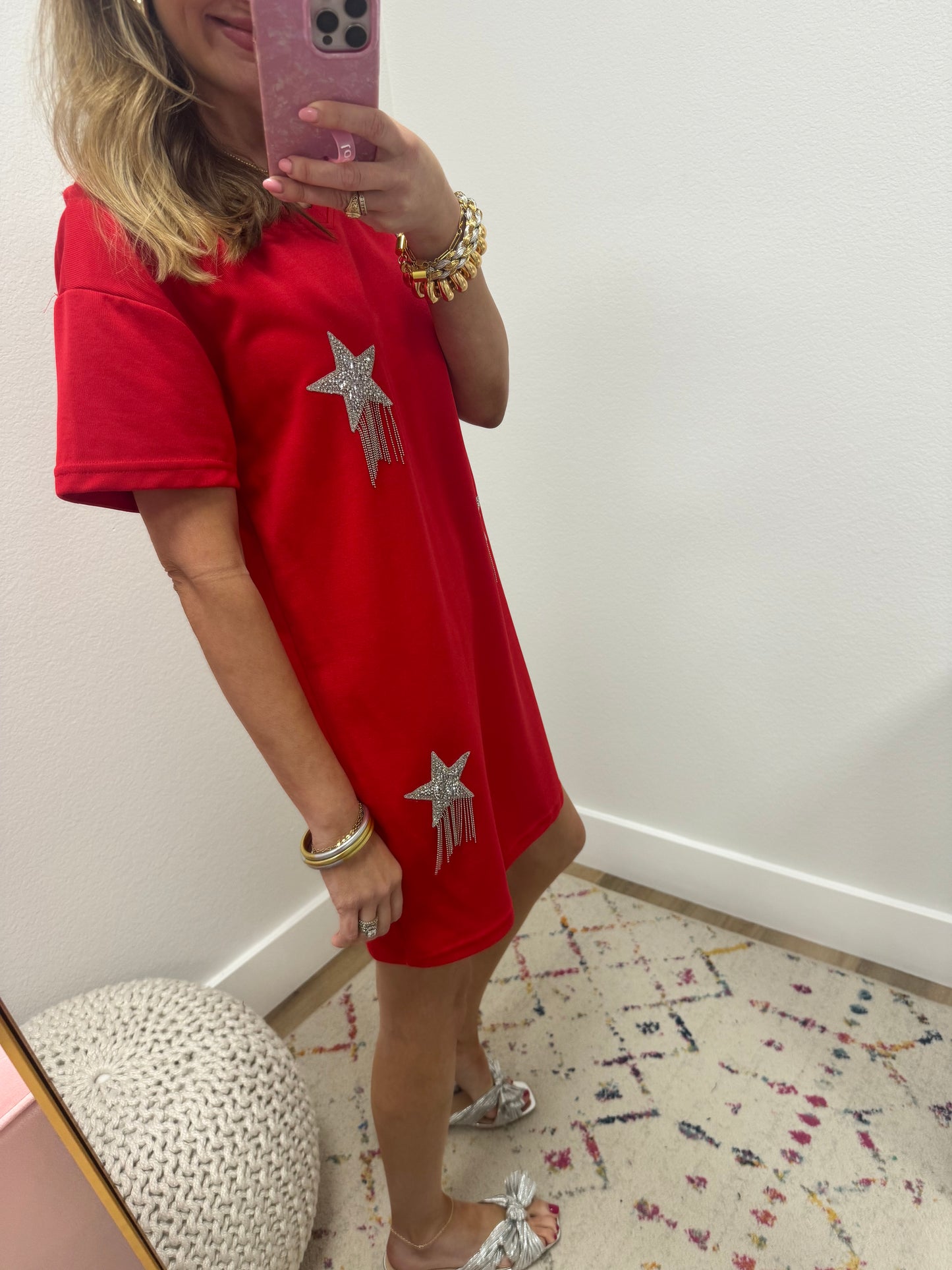 V Neck Short Sleeve Rhinestone Studded Star Fridge Dress FS