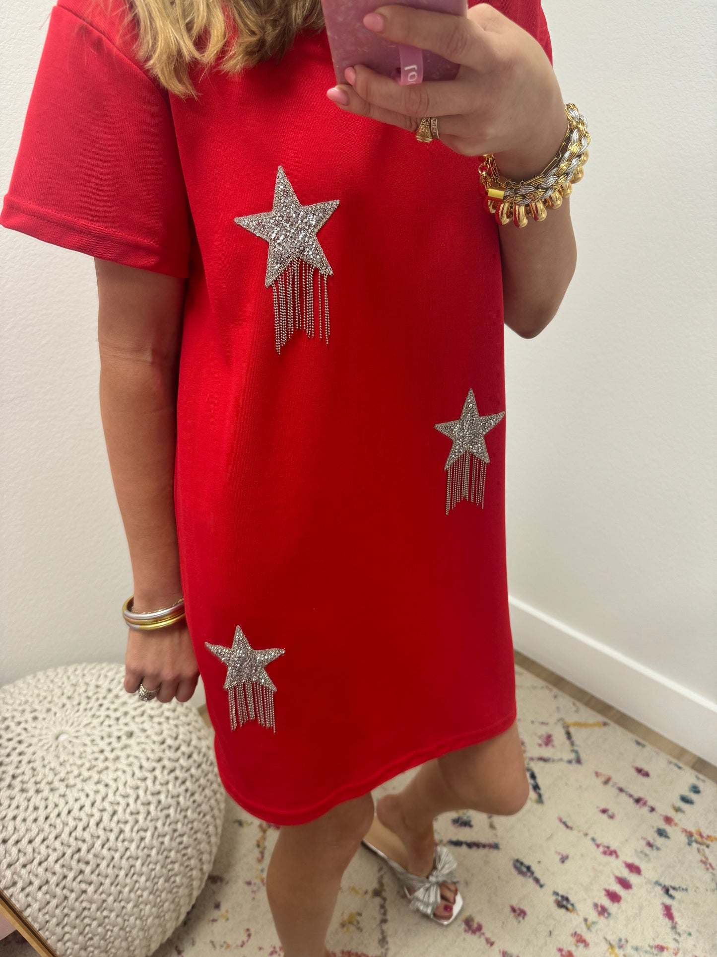 V Neck Short Sleeve Rhinestone Studded Star Fridge Dress FS