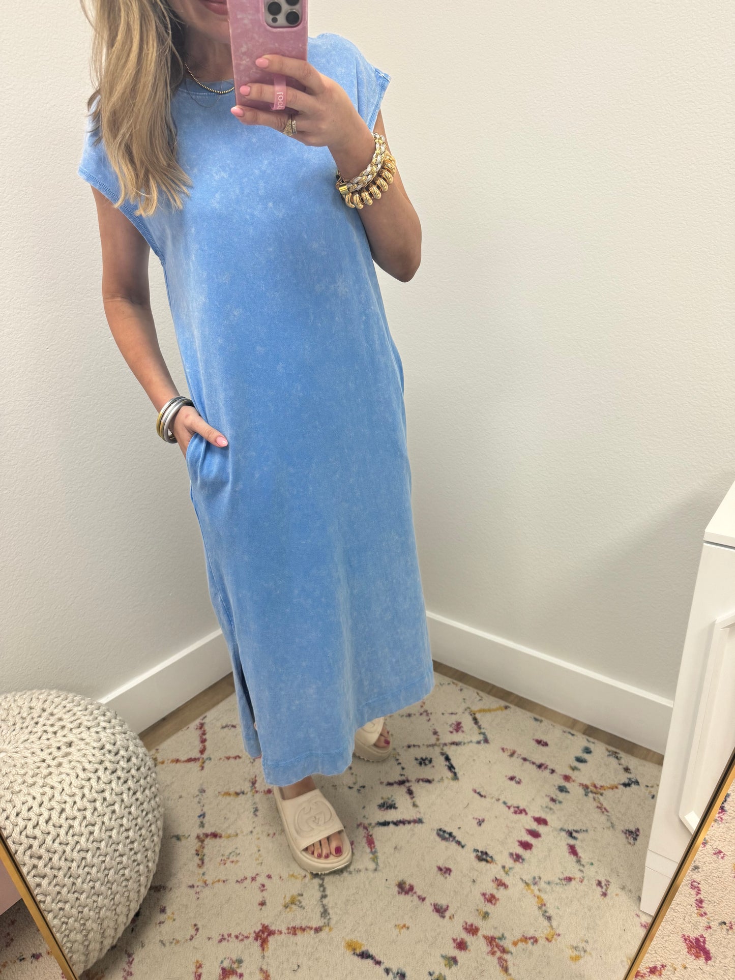 Washed Blue Midi Dress with Side Slits