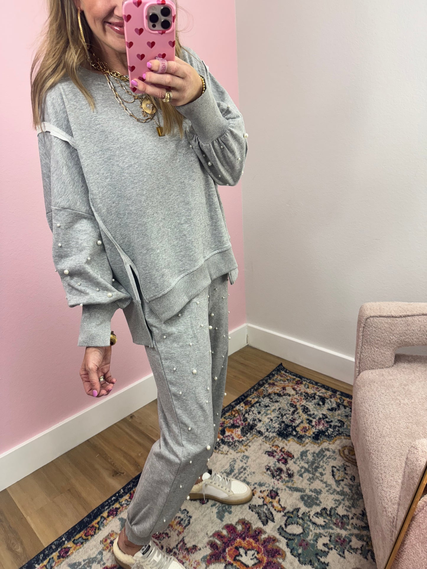 Gray Pearl Accent Two Piece Pant Set