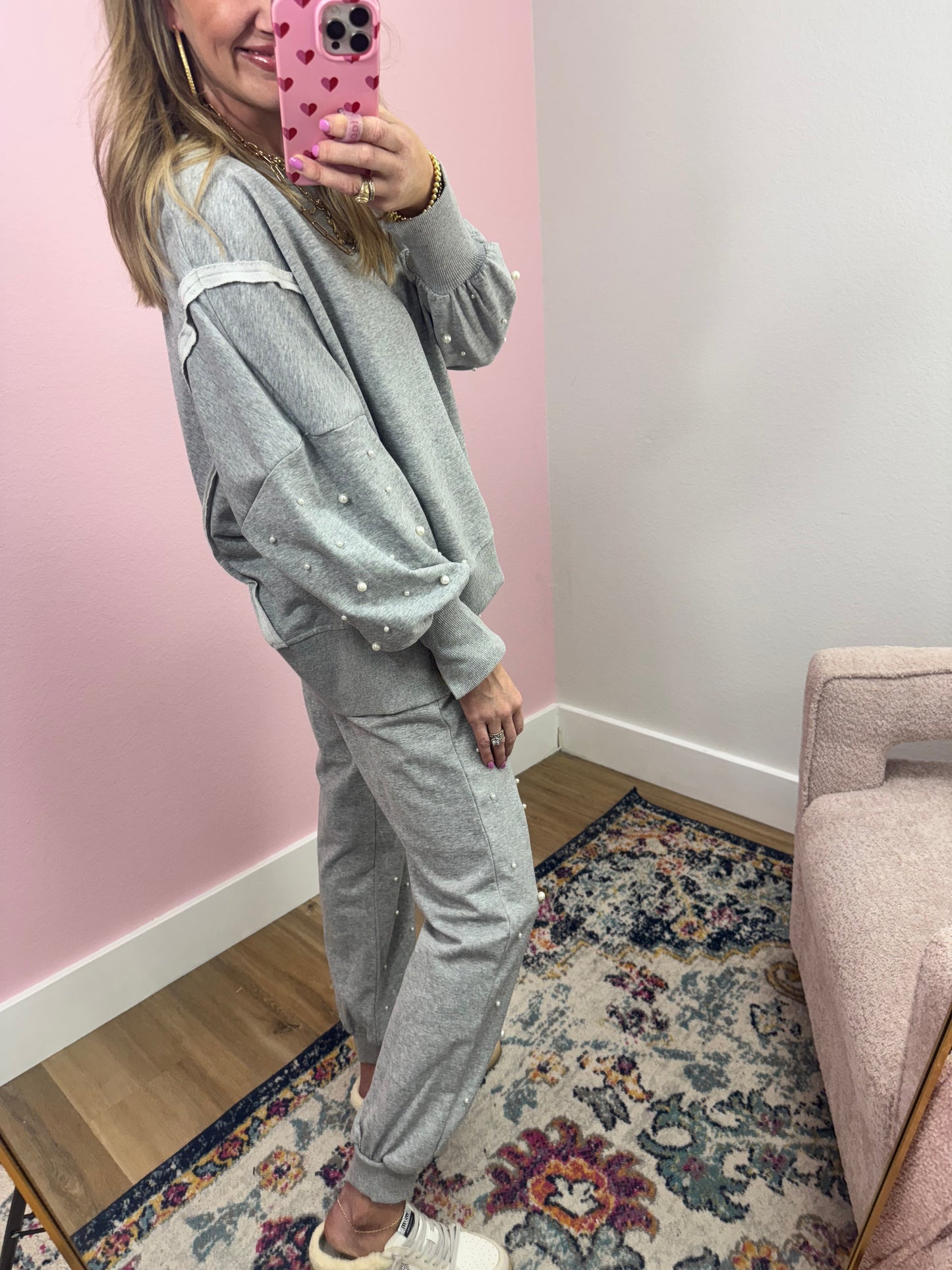 Gray Pearl Accent Two Piece Pant Set