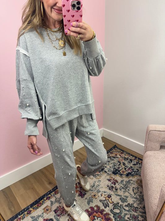 Gray Pearl Accent Two Piece Pant Set