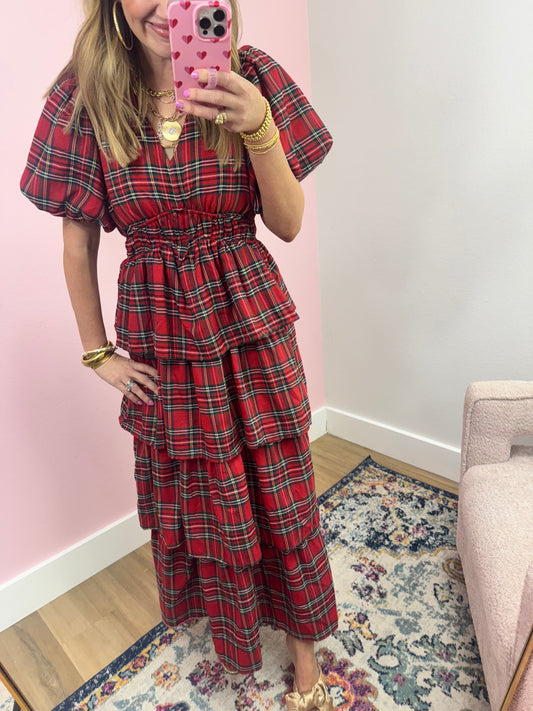 Red Plaid Tiered Maxi Dress