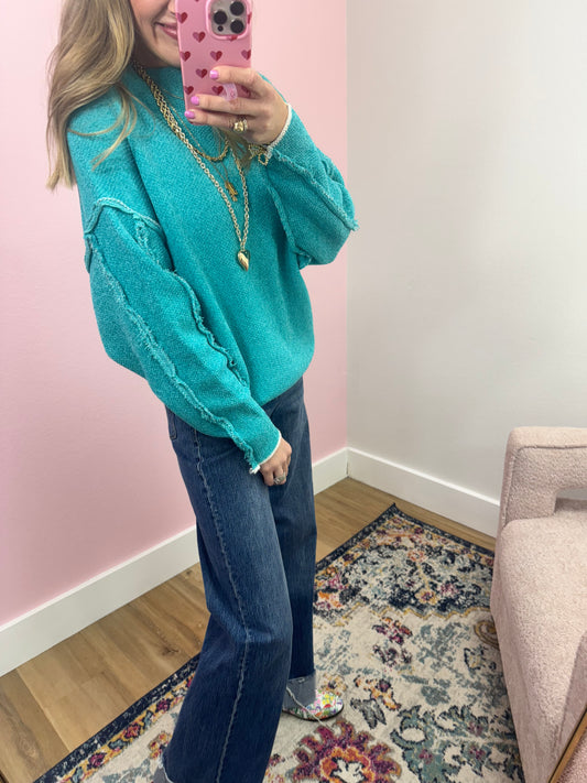 Turquoise Chenille Exposed Hem Sweater