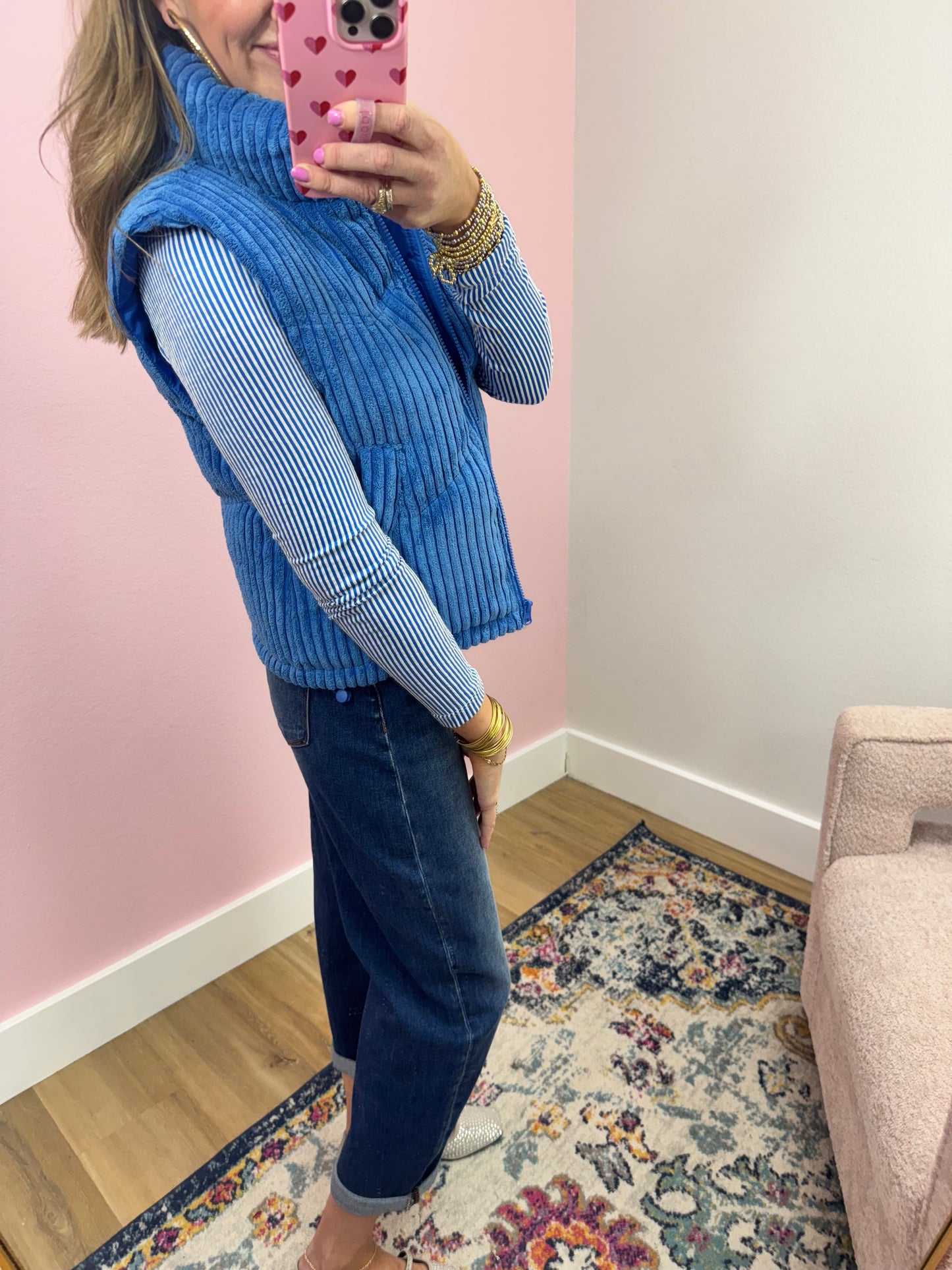 Blue French Terry Textured Crop Puff Vest