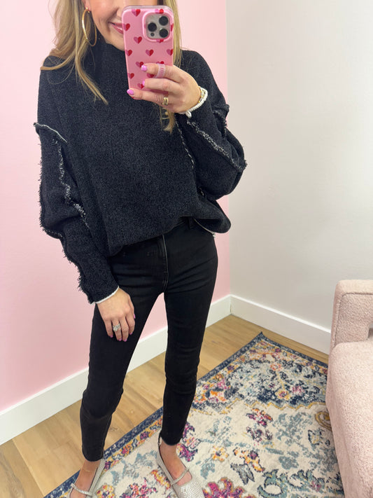 Black Chenille Exposed Hem Sweater