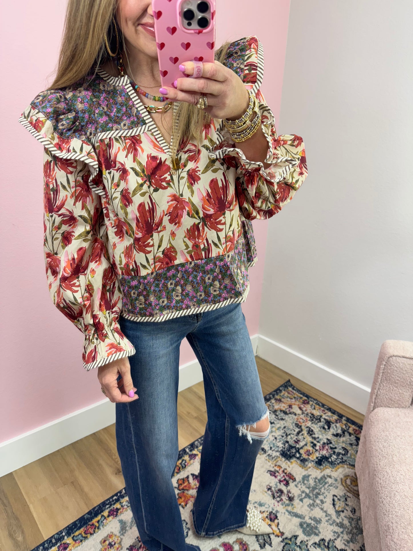 Berry Printed Contrast Floral Long Sleeve