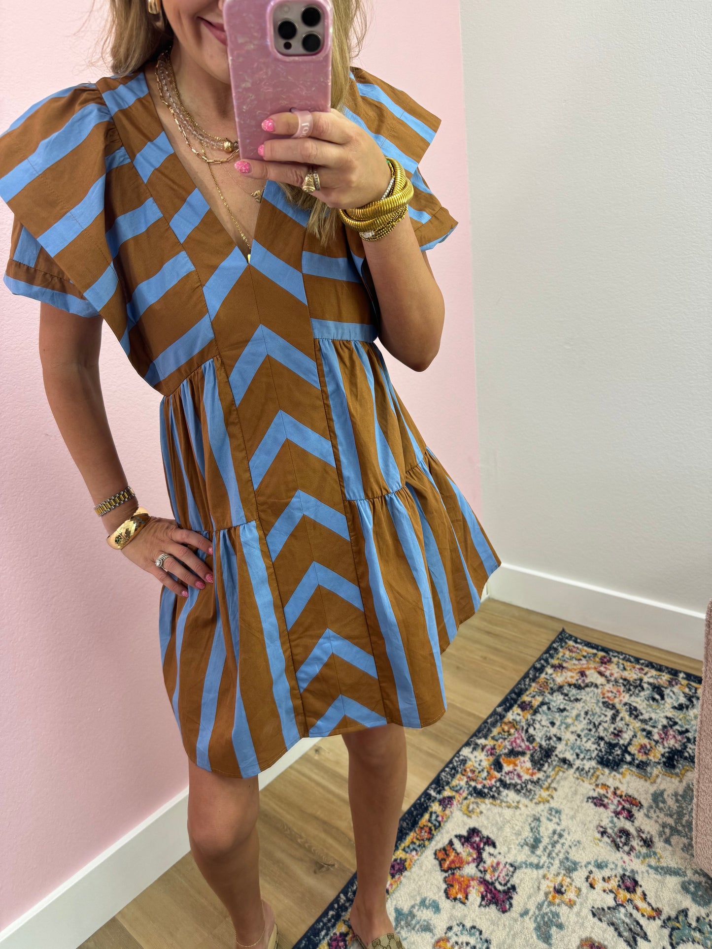 Brown and Blue Stripe V Neck Dress