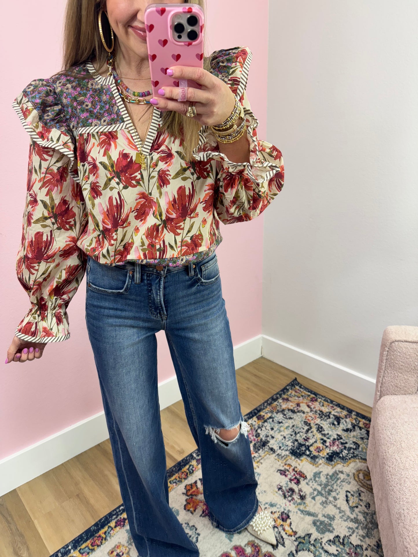 Berry Printed Contrast Floral Long Sleeve