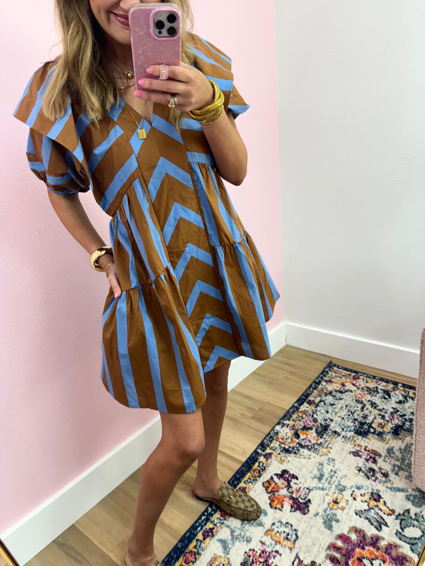 Brown and Blue Stripe V Neck Dress