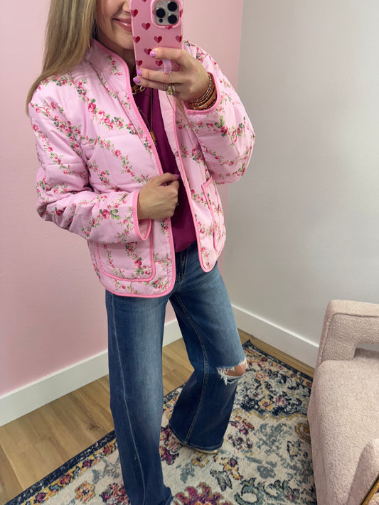 Pink Floral Printed Quilted Jacket