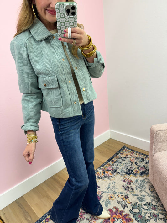 Teal Houndstooth Gold Button Up Jacket