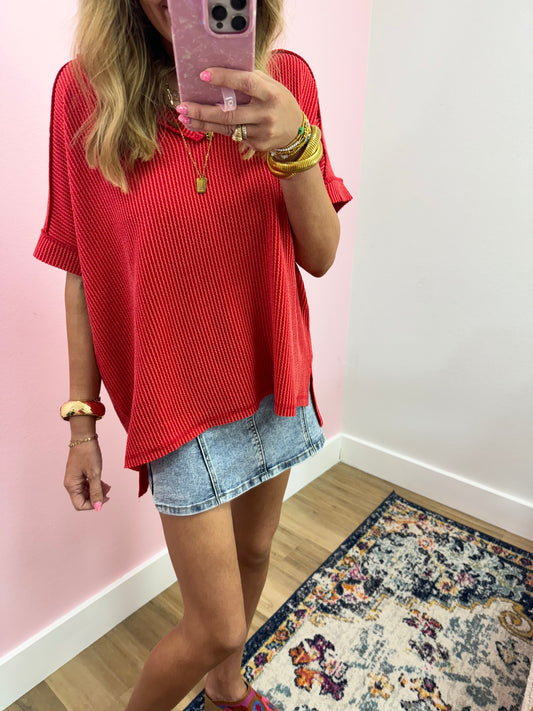 Solid Ruby Ribbed Top