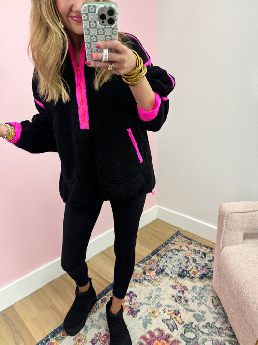 Black and Neon Pink Sherpa Pullover