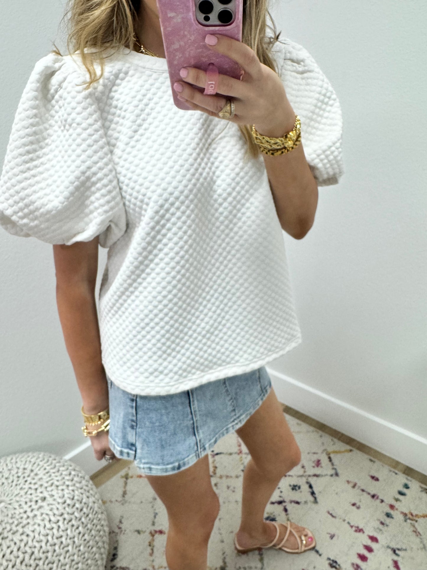 White Dotted Textured Puff Sleeve