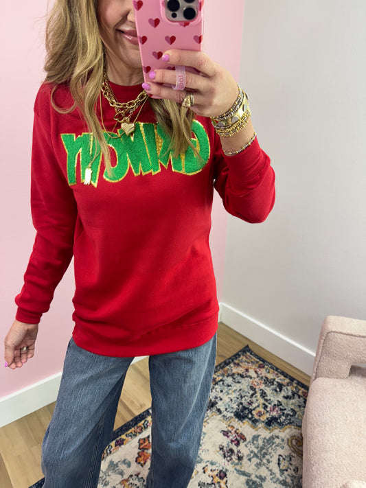 Red Grinchy Chenille Patch Sweatshirt