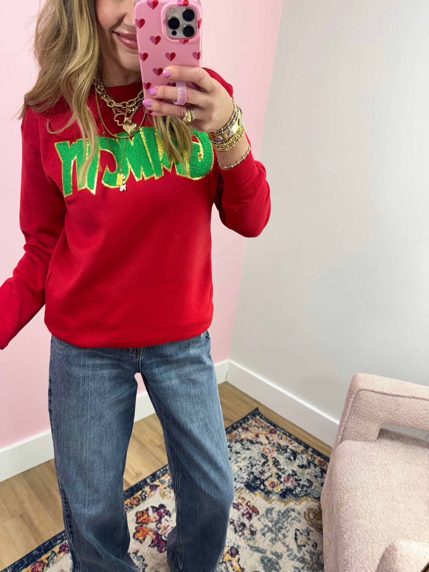 Red Grinchy Chenille Patch Sweatshirt