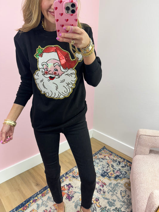 Santa Sequin Face Black Sweat Shirt