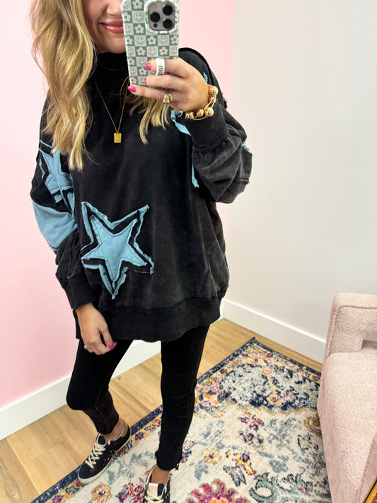 Black Mock Neck With Star Patch Pull Over