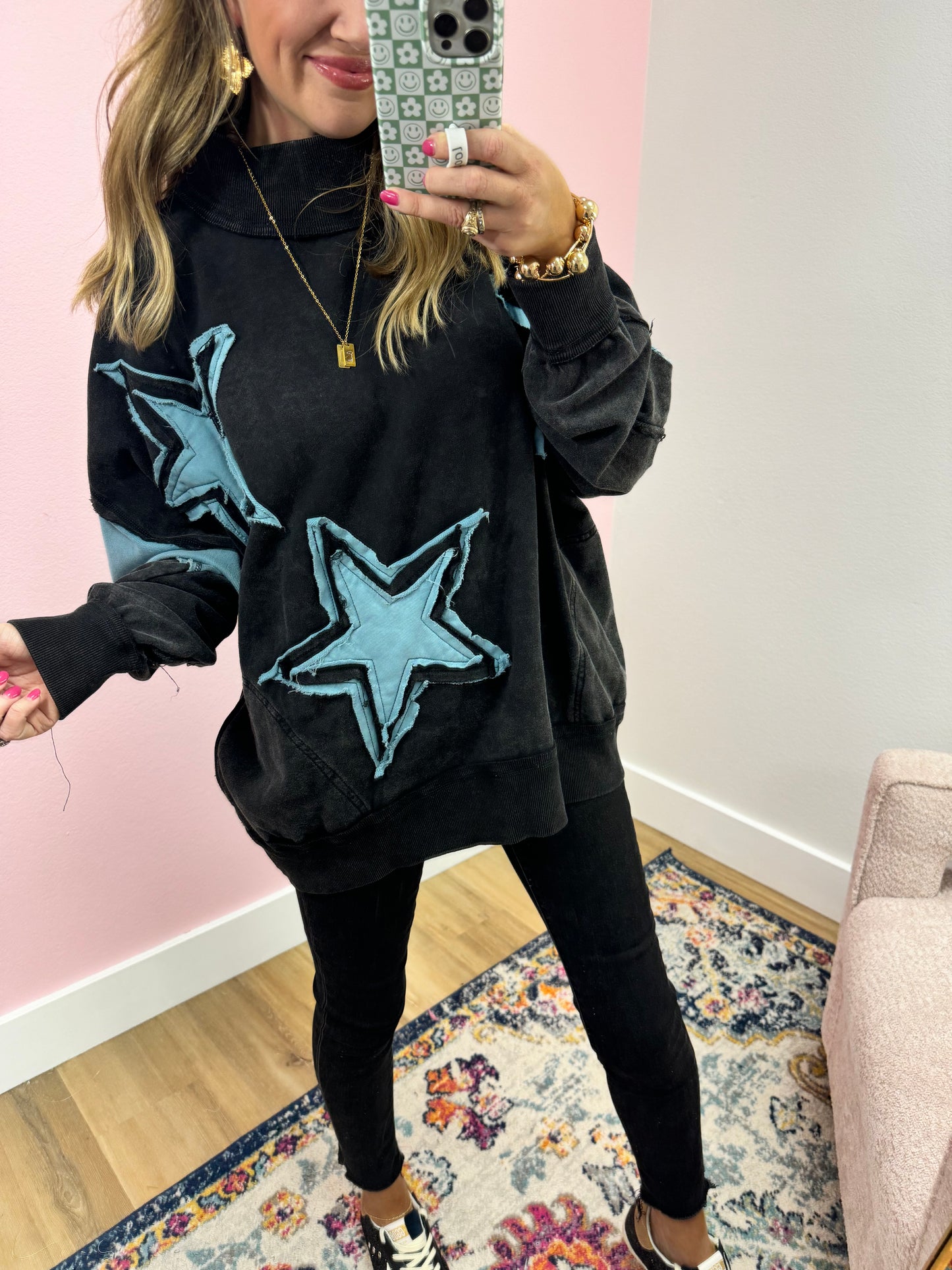 Black Mock Neck With Star Patch Pull Over