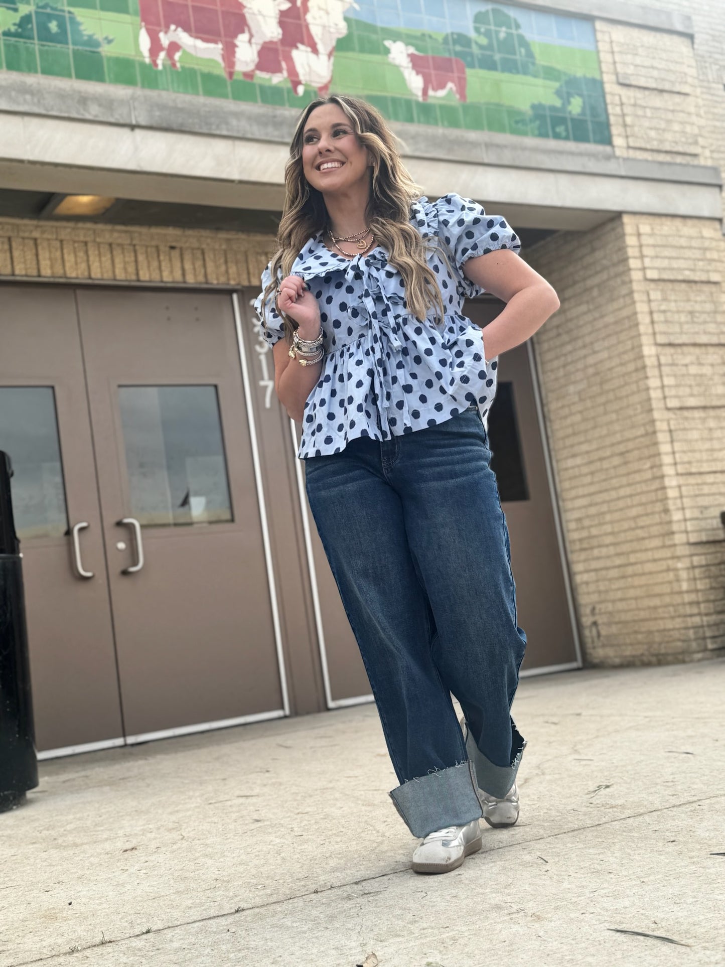 Heather Welper Collection Blue and Navy Polk a Dot Top