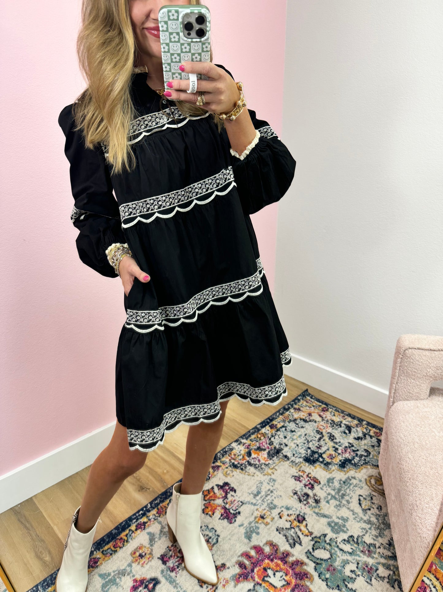 Black Scallop Detail Long Sleeve Dress