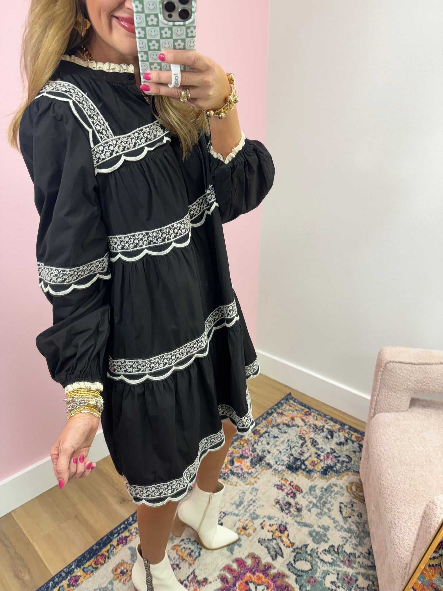 Black Scallop Detail Long Sleeve Dress