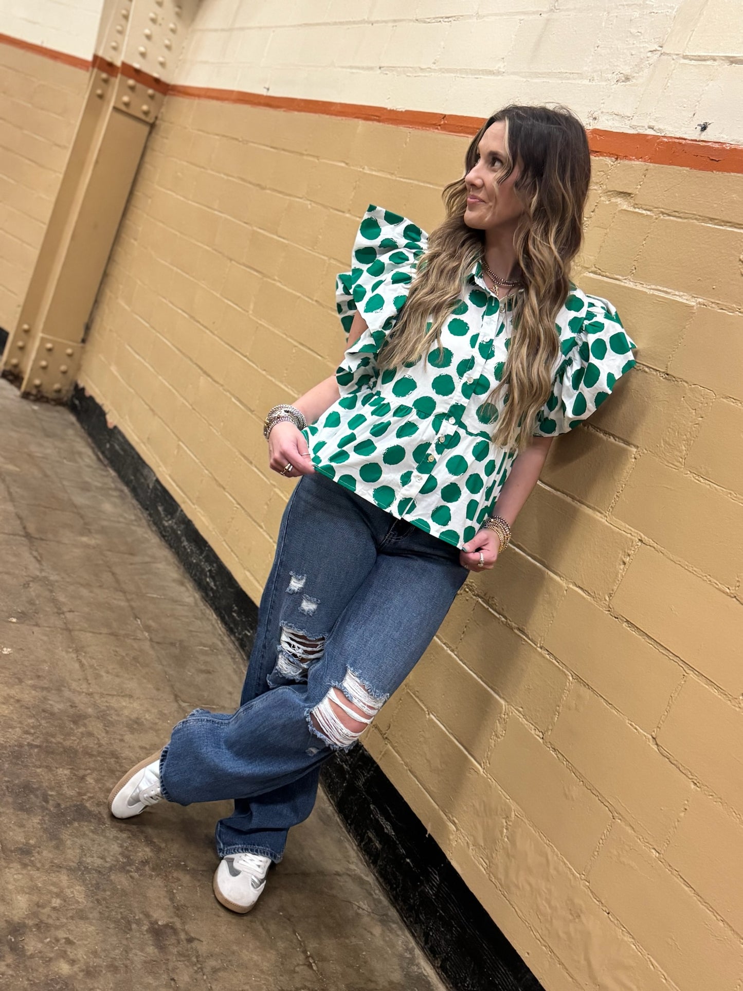 Heather Welper Collection Green and White Polk A Dot Flutter Sleeve Top