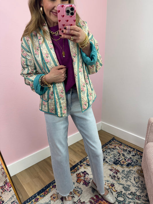 Turquoise and Cream Quilted Floral Jacket