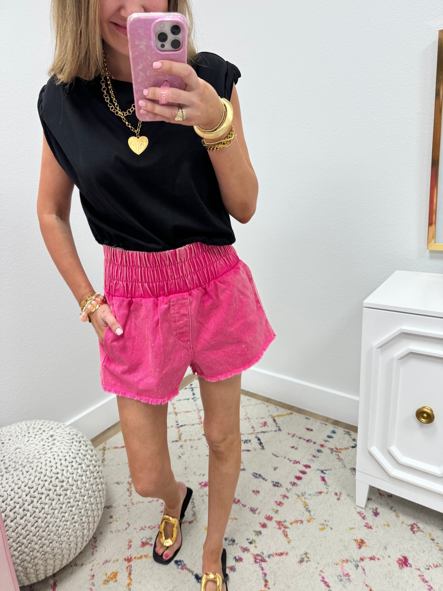 Pink Elastic Waist Shorts FS
