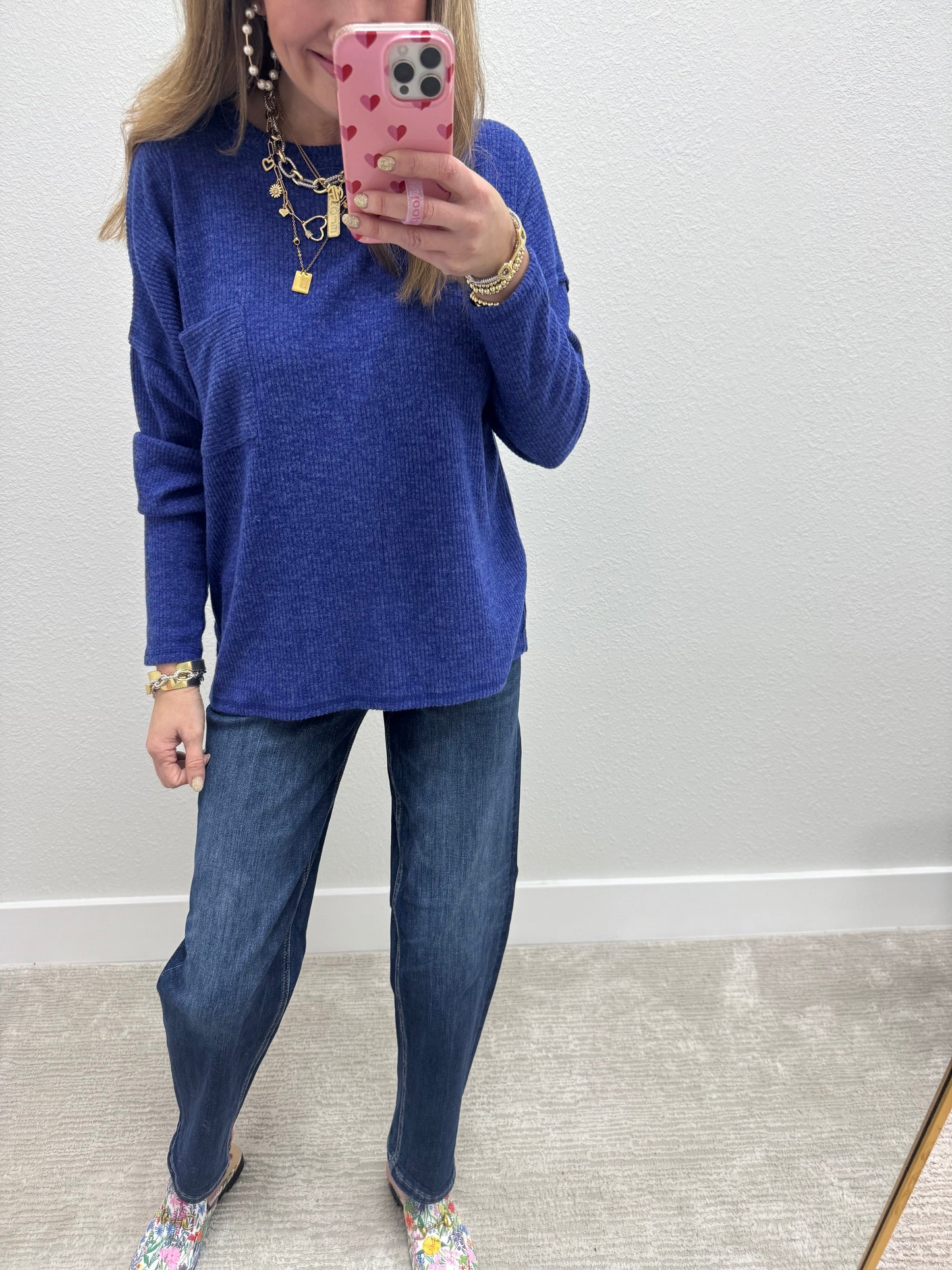 Bright Blue Ribbed Mélange Hacci Pocket Top