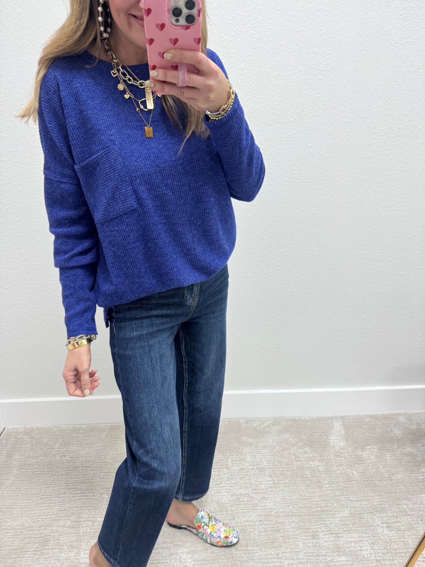 Bright Blue Ribbed Mélange Hacci Pocket Top