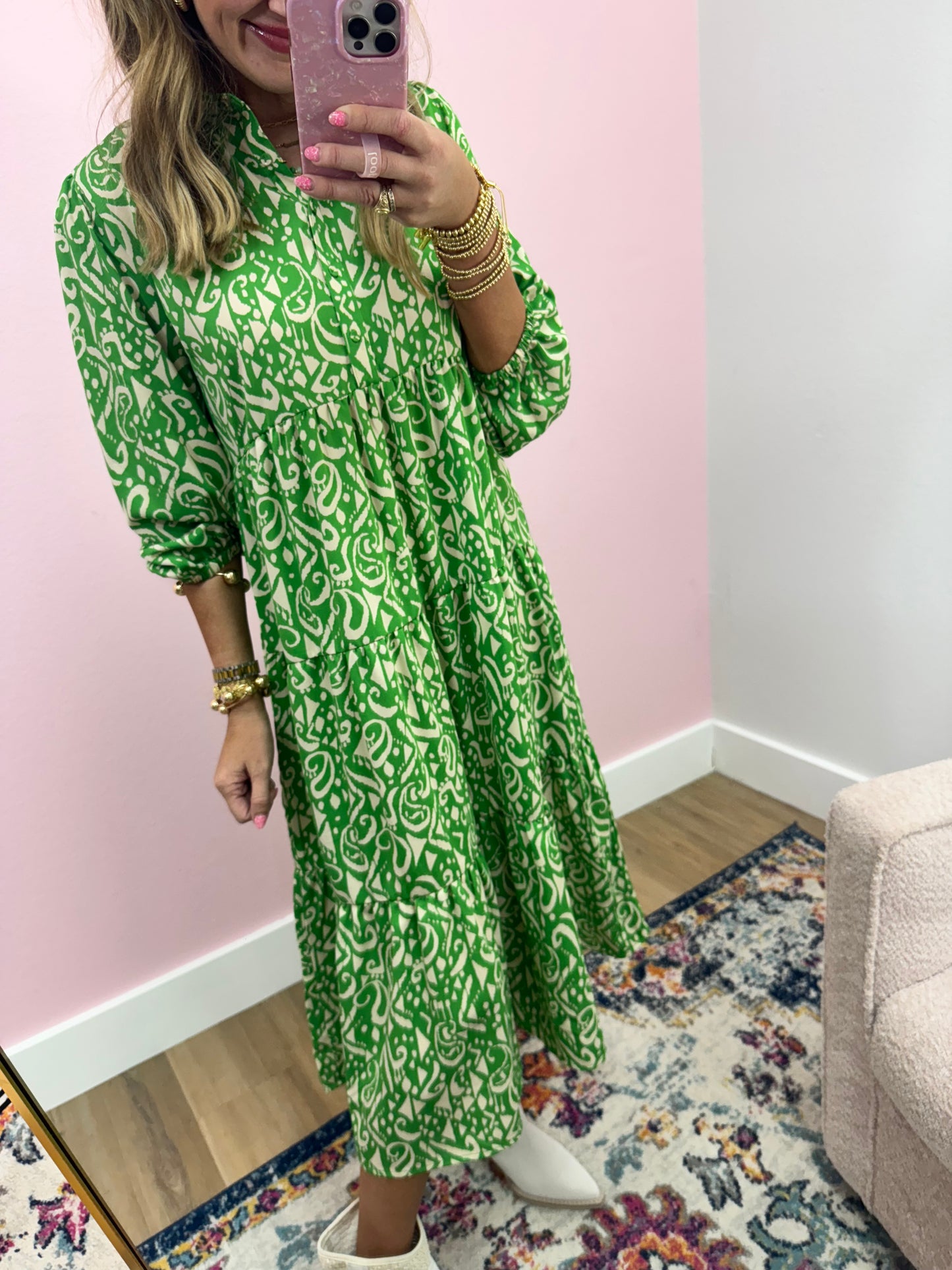 Green Printed Middy Dress