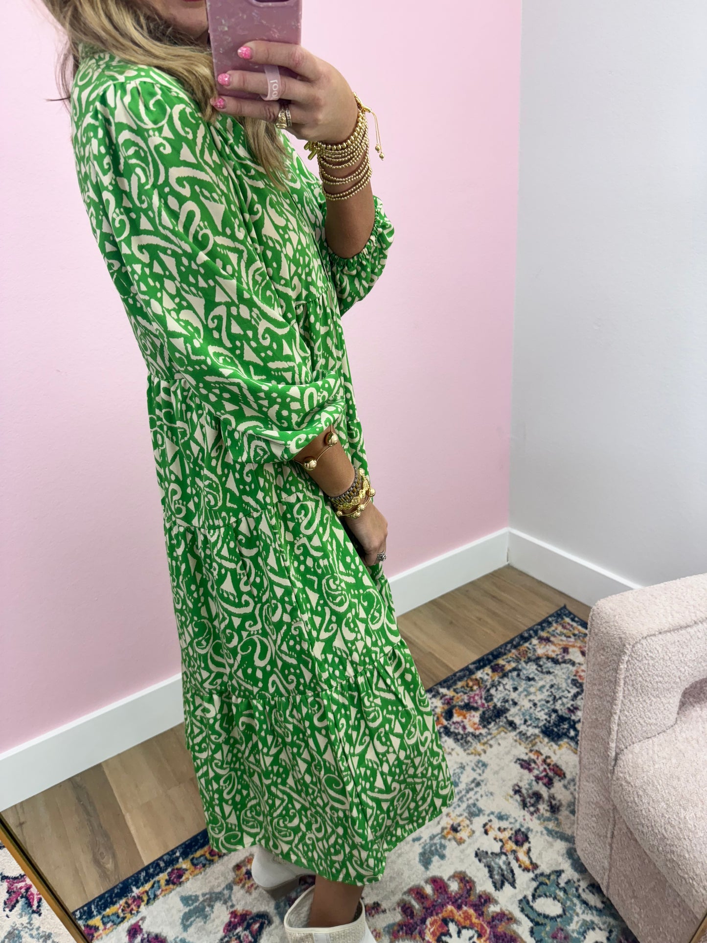 Green Printed Middy Dress