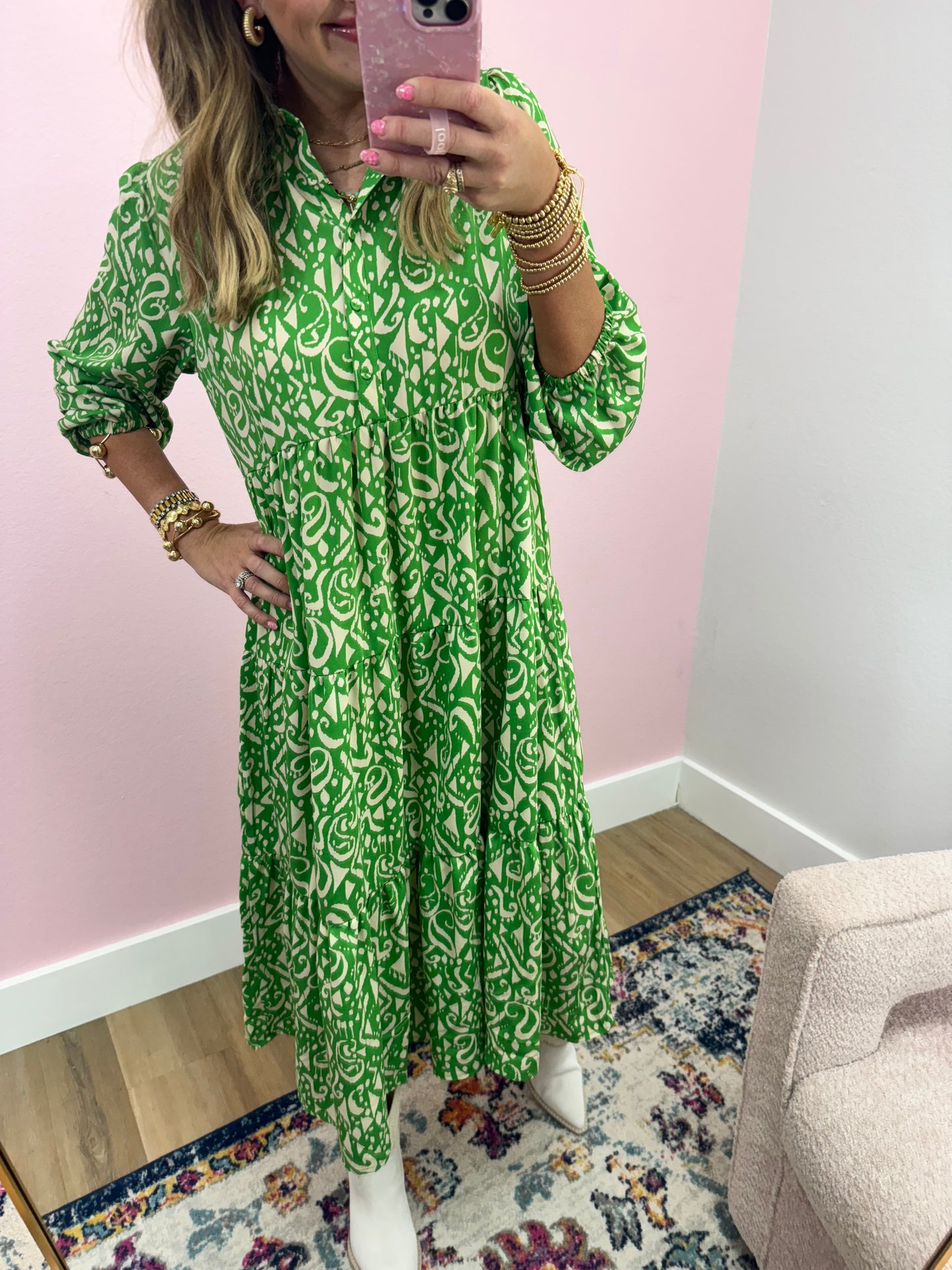 Green Printed Middy Dress