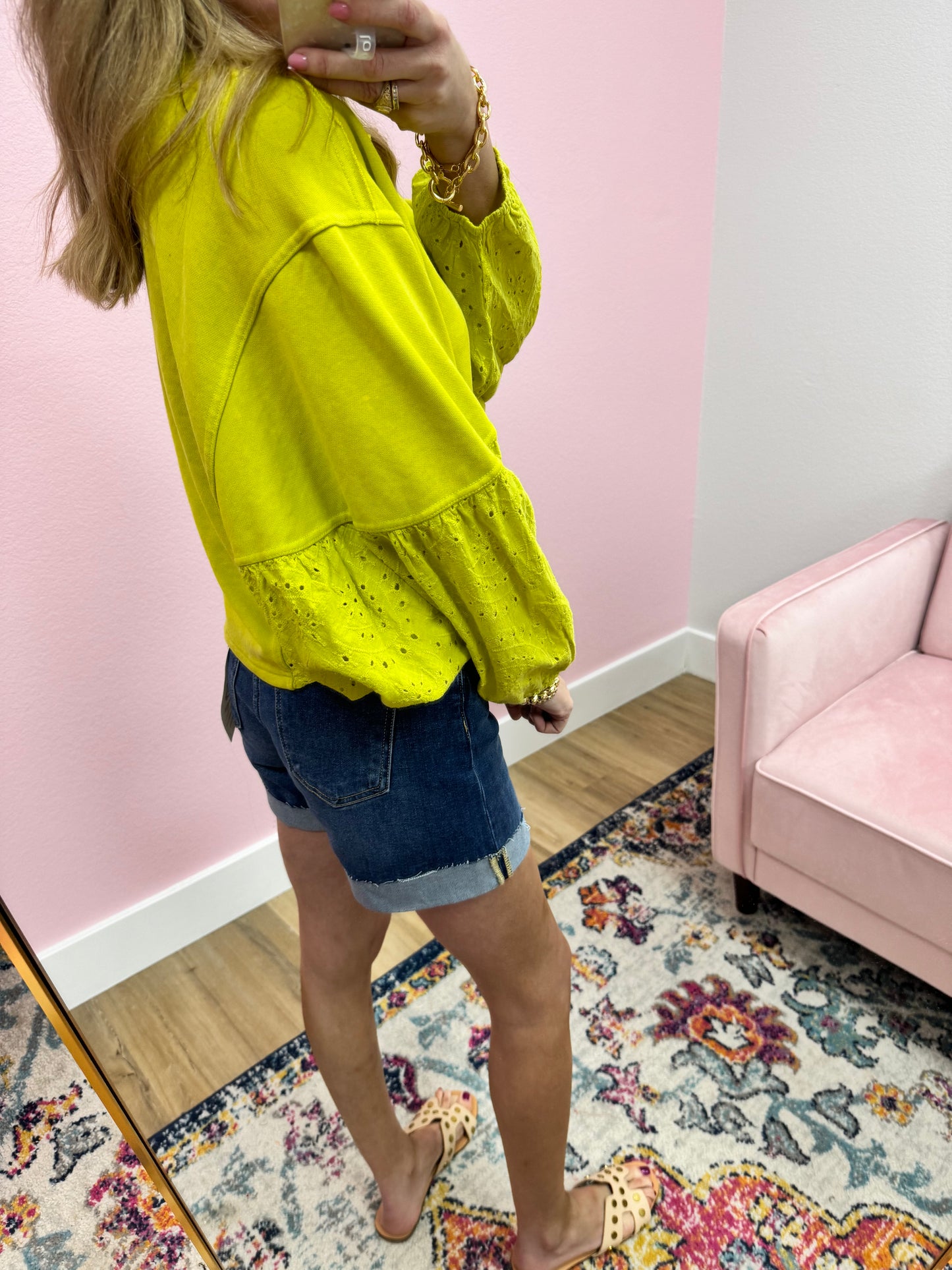Washed Lime Eyelet Sleeve Top FS