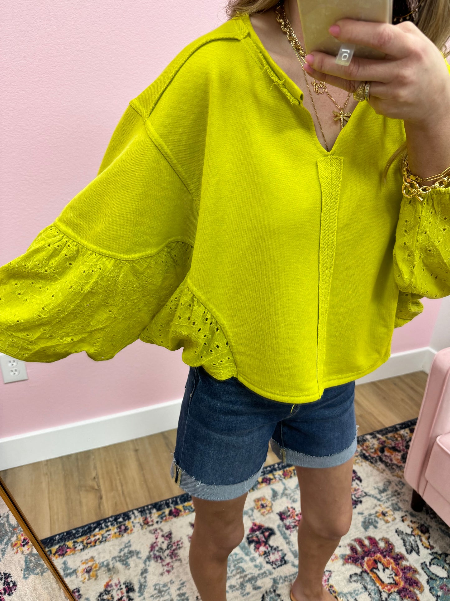 Washed Lime Eyelet Sleeve Top FS