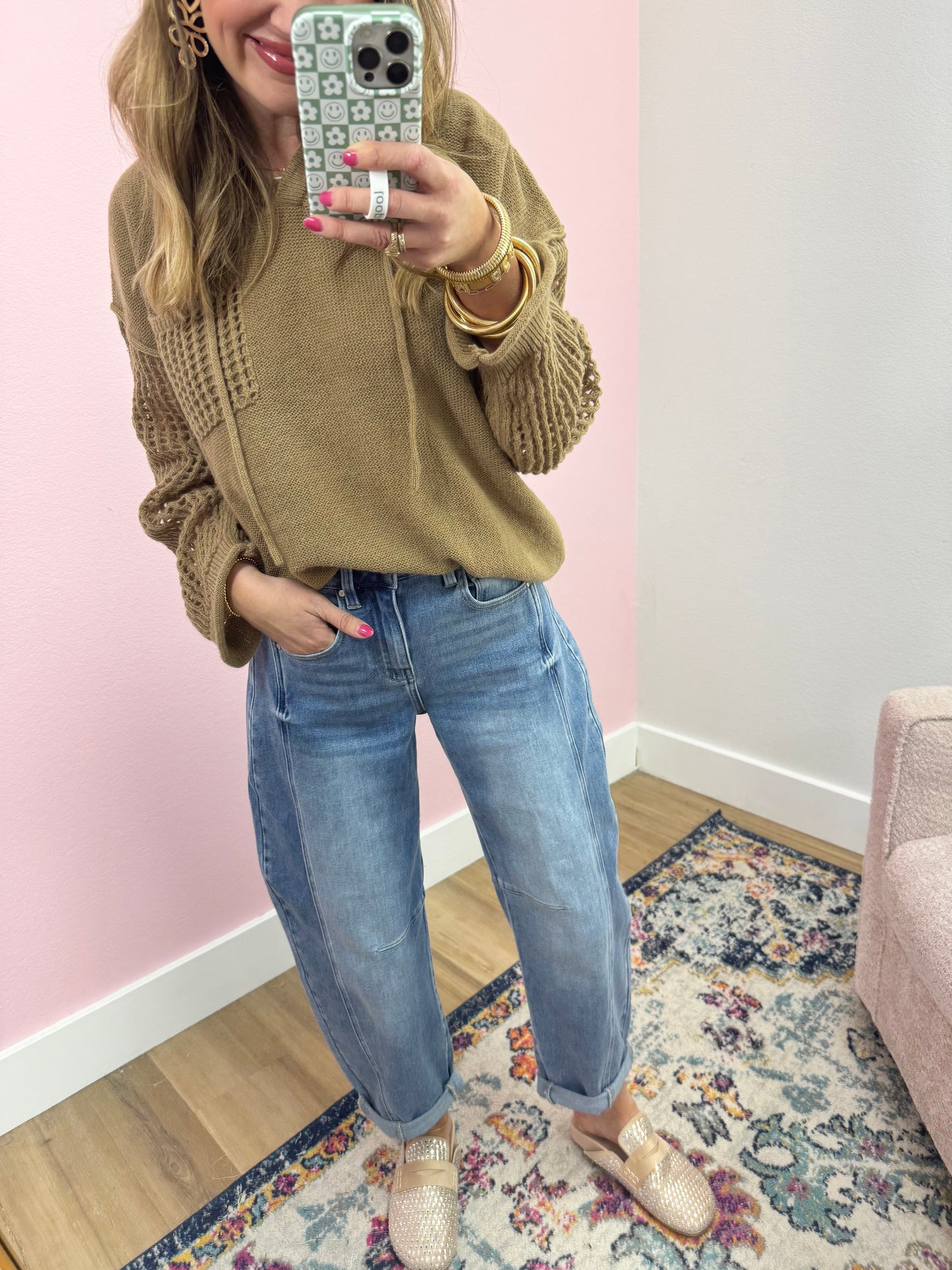 Tan Open Arm Hooded Knit Top