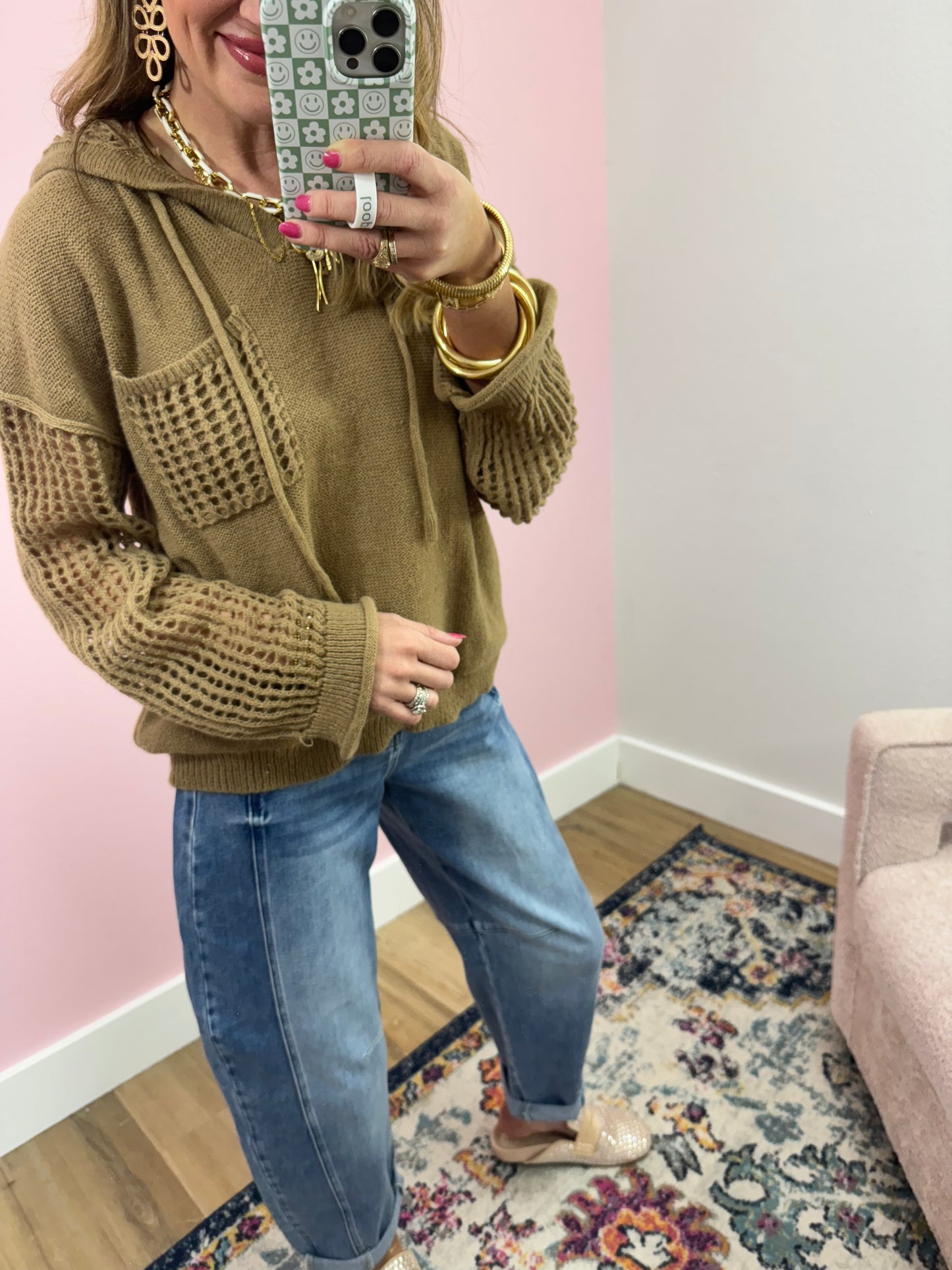 Tan Open Arm Hooded Knit Top