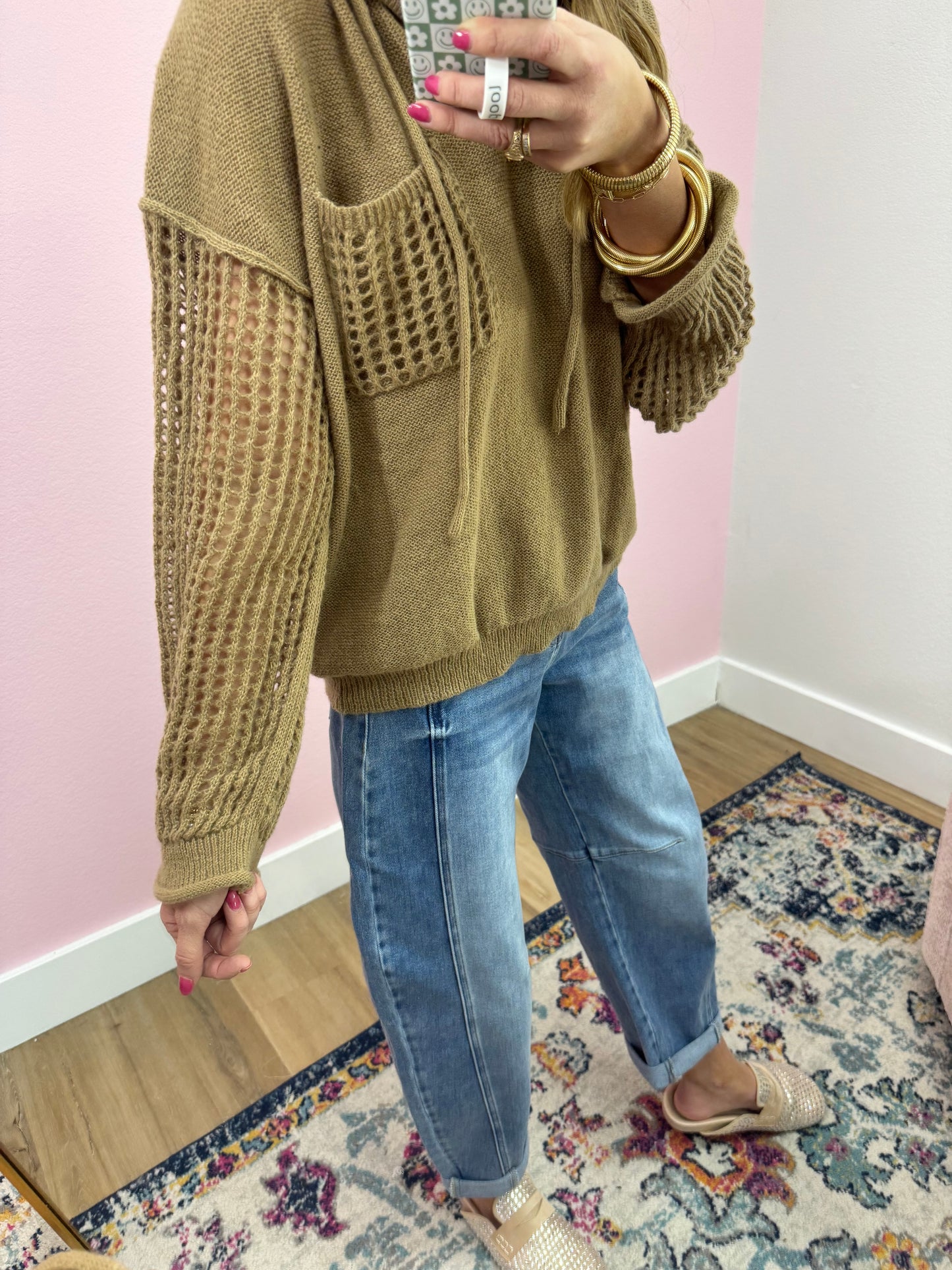 Tan Open Arm Hooded Knit Top