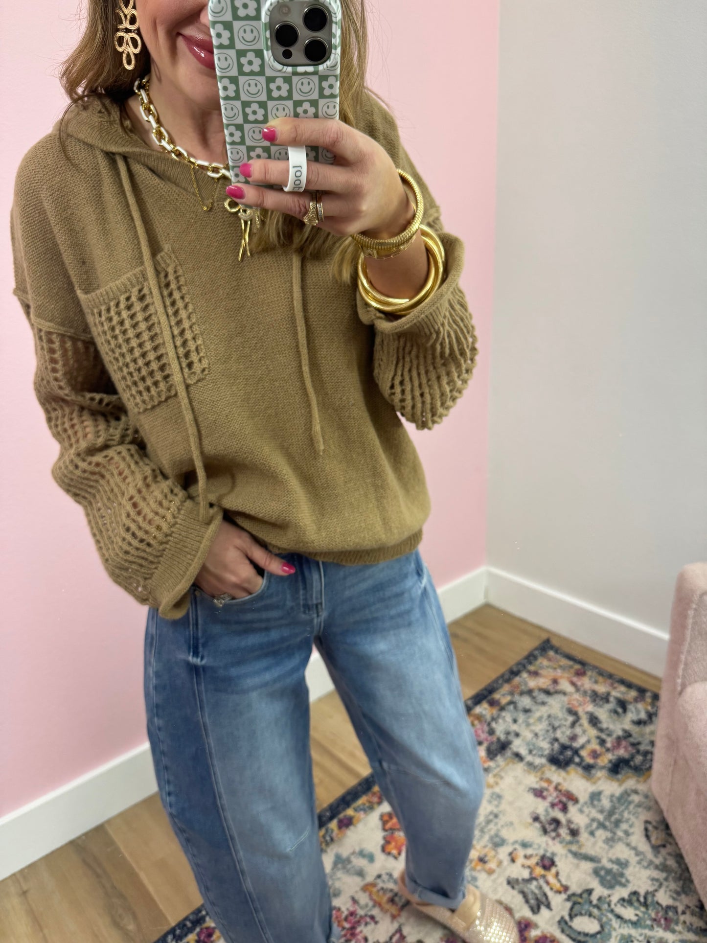 Tan Open Arm Hooded Knit Top