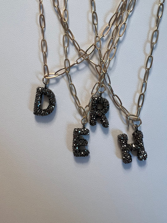 Black Crystal Initial Necklace (Multiple Letters) FS